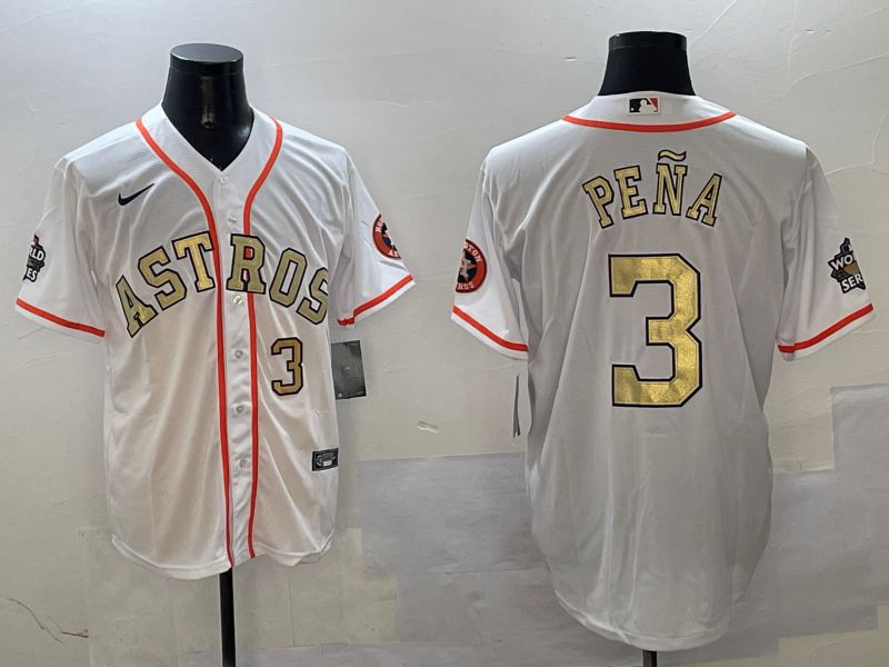 Men Houston Astros 3 Pena White Gold Game 2025 Nike MLB Jersey style 3